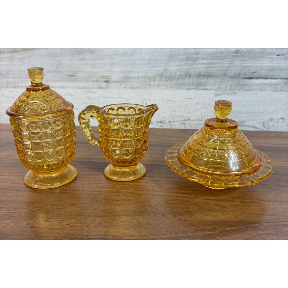 Antique McKee Kemple Amber Glass Tappan Waffle Childrens Set Butter Dish  Qty 3